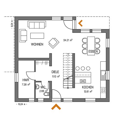RKR Haustyp | SATTELDACH FAVORIT 134 | Erdgeschoss