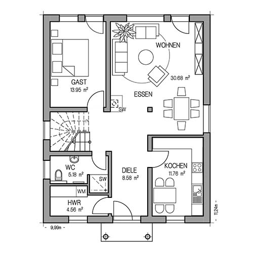 RKR Haustyp | SATTELDACH LILA 143 | Erdgeschoss